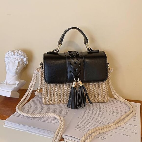 Neiman Marcus Black Straw & Leather Flap Gold Hardware Crossbody - Picture 1 of 5